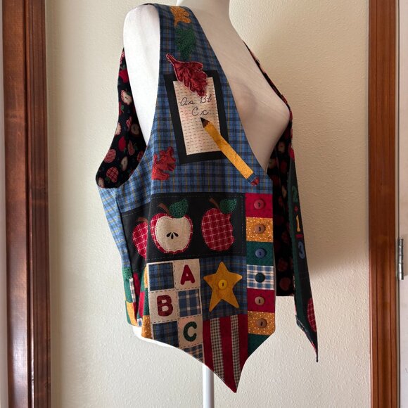 VTG 90s Handmade Reversible Teacher's Vest Fall Leaves Apples Cotton Size L - Picture 6 of 12